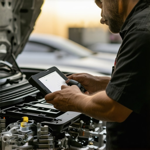 Technician performing diagnostic scan on car engine with high-tech equipment