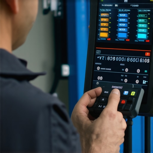 Technician using a digital diagnostic scanner to analyze vehicle transmission data in a professional repair environment.
