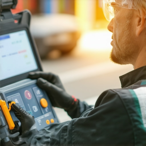 Mechanic working with diagnostic tools in auto repair shop