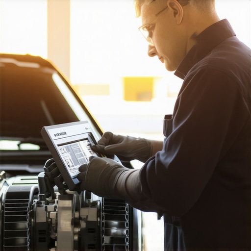 Technician performing advanced transmission diagnostics with specialized tools in an automotive workshop.