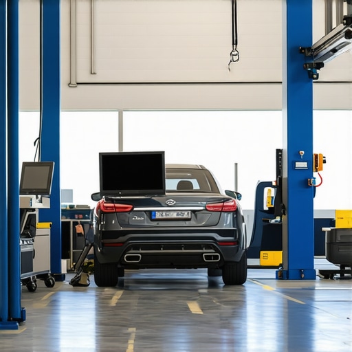 High-tech collision repair technology Repair shop with laser frame alignment and diagnostic tools