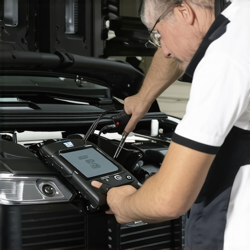 Professional mechanic performing diagnostic scan on vehicle engine with advanced tools.