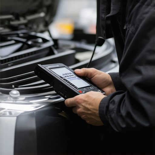 Mechanic diagnosing a car with high-tech tools in a professional auto repair shop