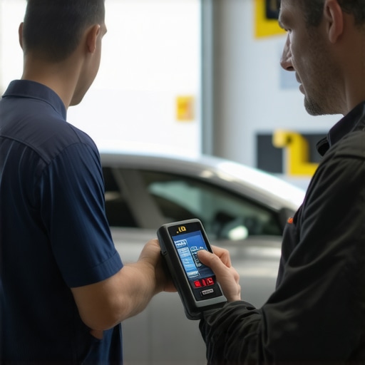 Technician using diagnostic scanner on car transmission in repair shop