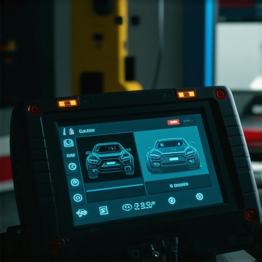 High-tech diagnostic tools analyzing vehicle data in a modern auto repair shop