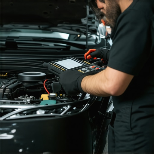 Mechanic analyzing car transmission with diagnostic equipment