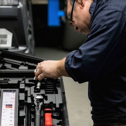 Mechanic using diagnostic tools on a vehicle transmission system