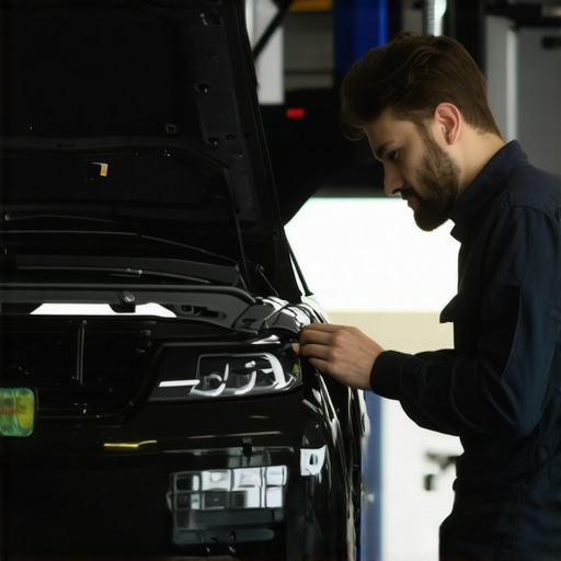 Technicians using modern diagnostic tools on a vehicle in a well-equipped garage