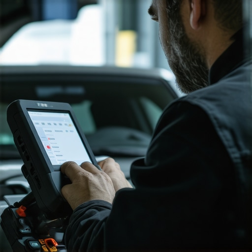 Technician using diagnostic tools on a vehicle during repair