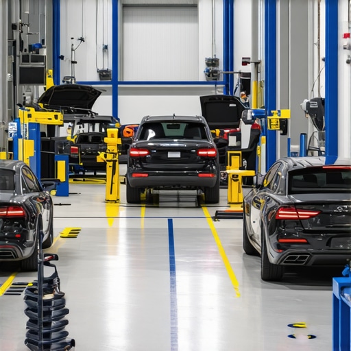 Cutting-edge auto repair workshop with technicians Technicians performing advanced collision and transmission repairs in a high-tech garage.