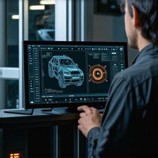 Future of Transmission Diagnostics in Auto Repair Automotive technician using AI diagnostic system on a transmission in a modern repair shop.