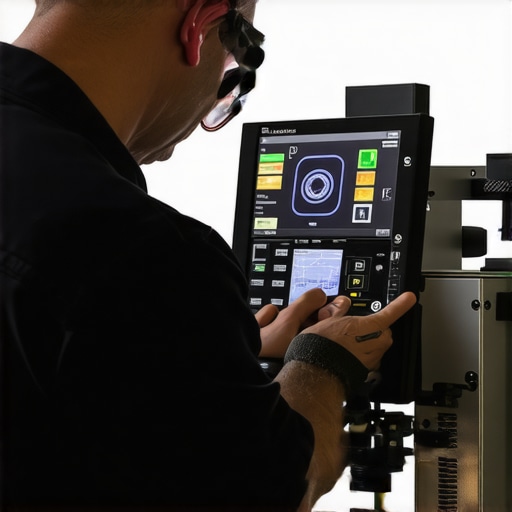 Technician performing laser alignment on a vehicle using advanced diagnostic equipment.