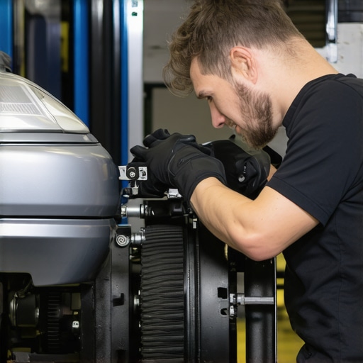 Technician using laser alignment system on car frame for safety