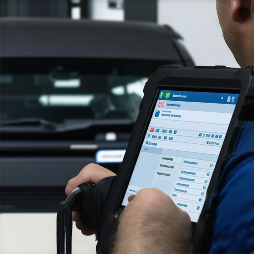 Modern Auto Diagnostics in Action Automotive diagnostic scanner analyzing engine data with digital interface