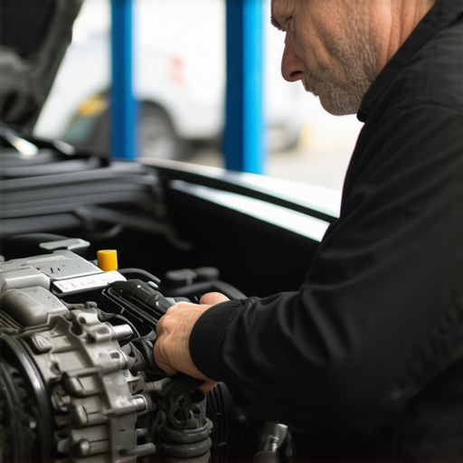 Transmission Inspection by a Professional Mechanic Mechanic inspecting car transmission with diagnostic tools