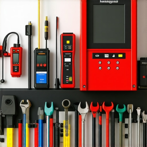 Tools and diagnostic devices for car maintenance laid out on a workbench in a garage.