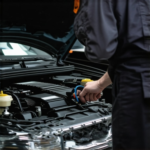Mechanic using diagnostic scanner on car engine in garage