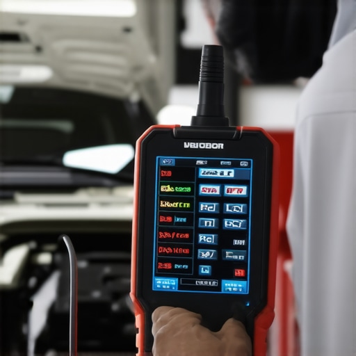 Mechanic using advanced diagnostic scanner on a vehicle's transmission system.