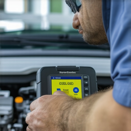 Mechanic analyzing car diagnostics with an advanced OBD-II scanner.