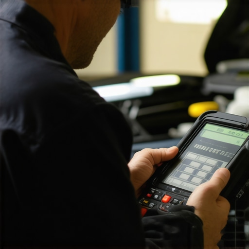 Modern Transmission Diagnostic Tools in Action Mechanic inspecting transmission system with advanced diagnostic scanner.