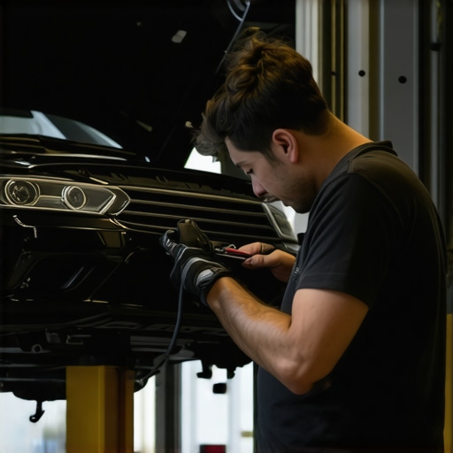 Mechanic inspecting car engine with tools in garage