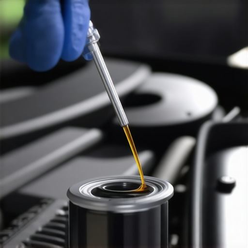 Transmission Fluid Check Mechanic inspecting transmission fluid dipstick in a car engine.