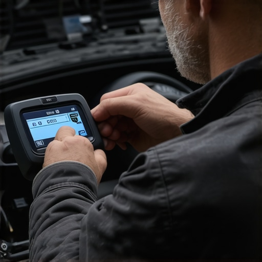 Mechanic analyzing transmission data with a scanner in a workshop