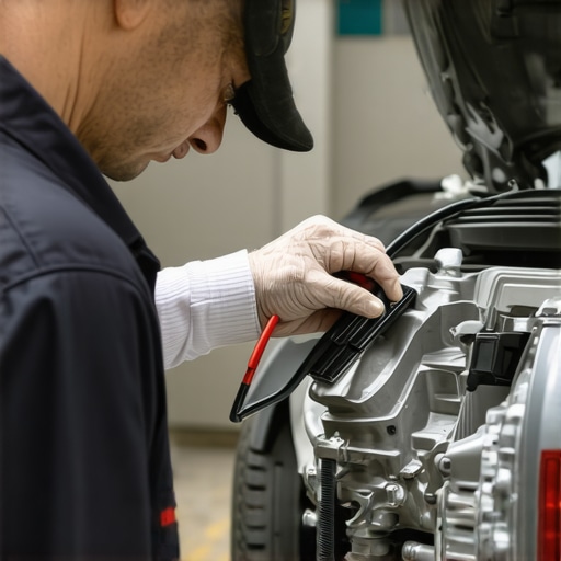 Professional diagnostic equipment performing maintenance on a car's transmission.