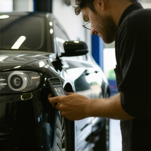 Mechanic using diagnostic scanner on car engine in garage.