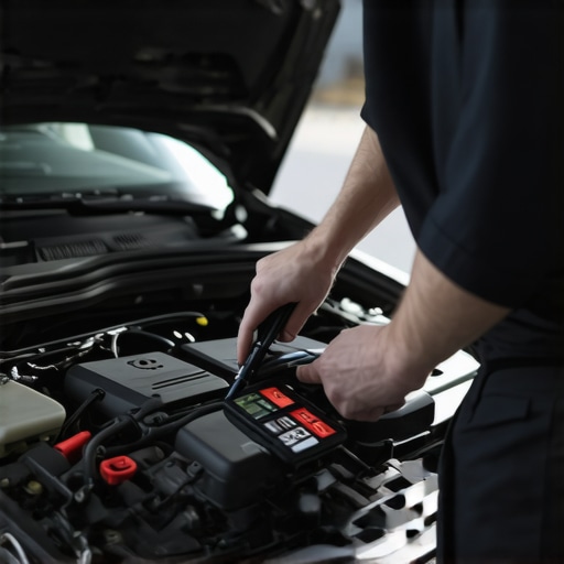 Mechanic inspecting car engine with diagnostic equipment.