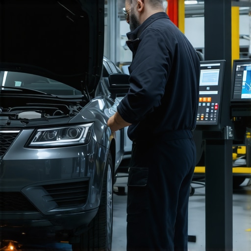 Technician calibrating a car's transmission system with digital tools