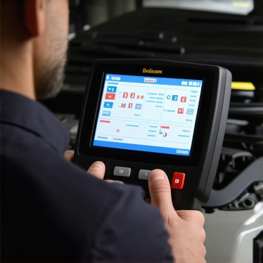 Modern Diagnostic Tools for Car Maintenance Mechanic analyzing vehicle diagnostics data using a sophisticated scanner in workshop.