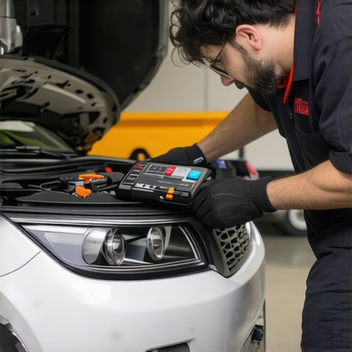 Professional auto diagnosis Mechanic using diagnostic tools in garage to inspect car