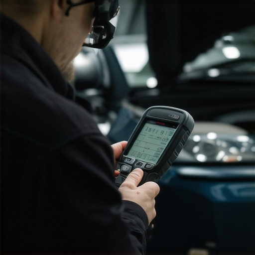 Professional diagnostics for transmission health Technician checking car transmission using diagnostic tools in a workshop