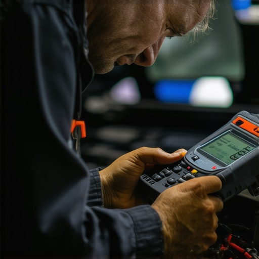 Transmission Diagnostics in Action Mechanic using diagnostic equipment to check vehicle transmission system in a garage.