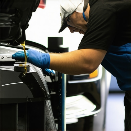 Mechanic draining transmission fluid from a hybrid car during maintenance.