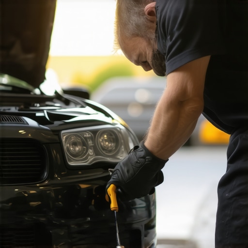 Mechanic checking transmission fluid levels under the hood of a car.