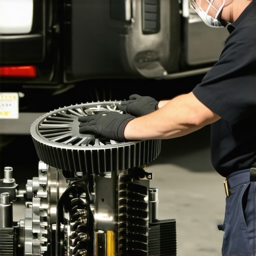 Technician inspecting car's transmission system during repair.