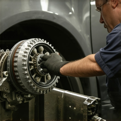 Mechanic performing transmission maintenance using diagnostic tools