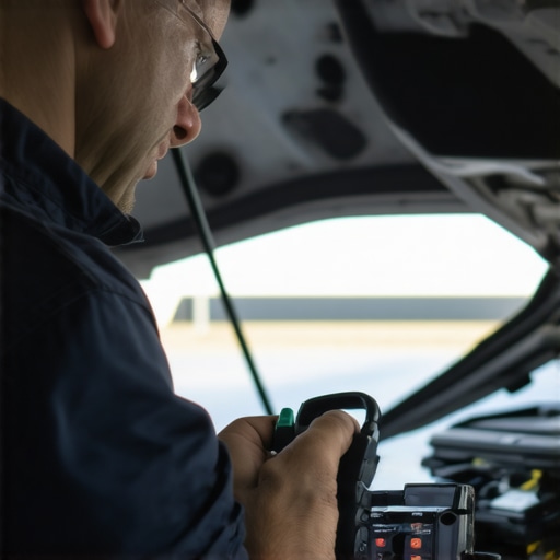 A mechanic analyzing vehicle diagnostics on a tablet connected to an OBD-II scanner.