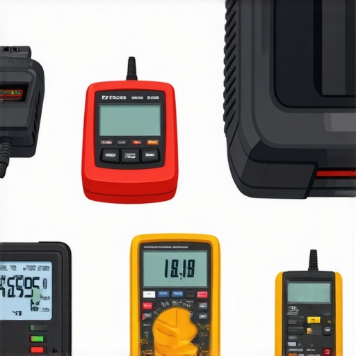 Diagnostic tools and equipment for car maintenance neatly arranged on a workbench.