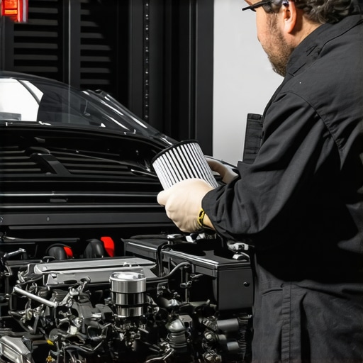 Automotive technician checking air filter and fuel injectors in a car engine.