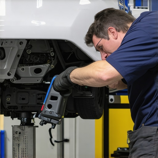 Mechanic examining a 2026 model car's frame with laser measurement tools.