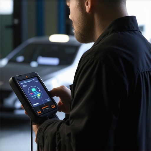 Mechanic Diagnosing Transmission with Scanner Automotive technician using diagnostic tools on a vehicle's transmission system.