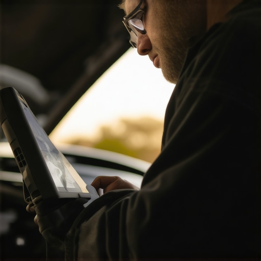 A technician demonstrating a diagnostic tool on a vehicle's dashboard