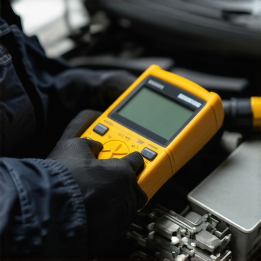A skilled mechanic performing diagnostic checks with advanced tools on a vehicle engine.