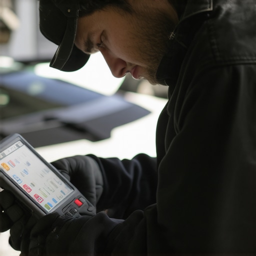 Mechanic inspecting car diagnostics with a scan tool.