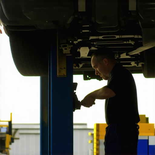 Mechanic examining vehicle suspension parts for wear and damage