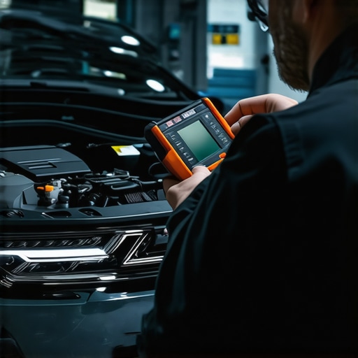 Mechanic with diagnostic equipment connected to a car's engine, ensuring long-term performance