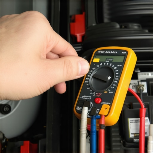 Technician testing a car battery with a digital multimeter in the garage